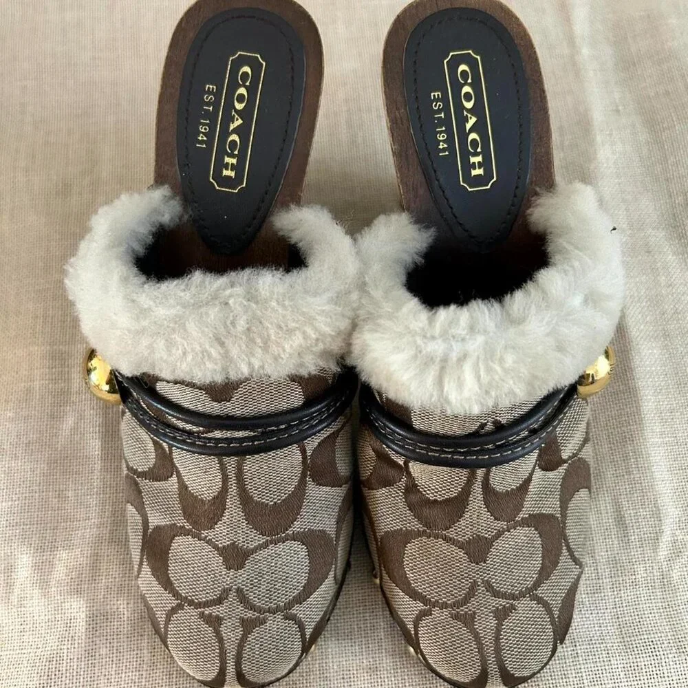 COACH Monogram Shearling-Lined Wooden Clog Mules – Size 6 - Picture 3 of 4
